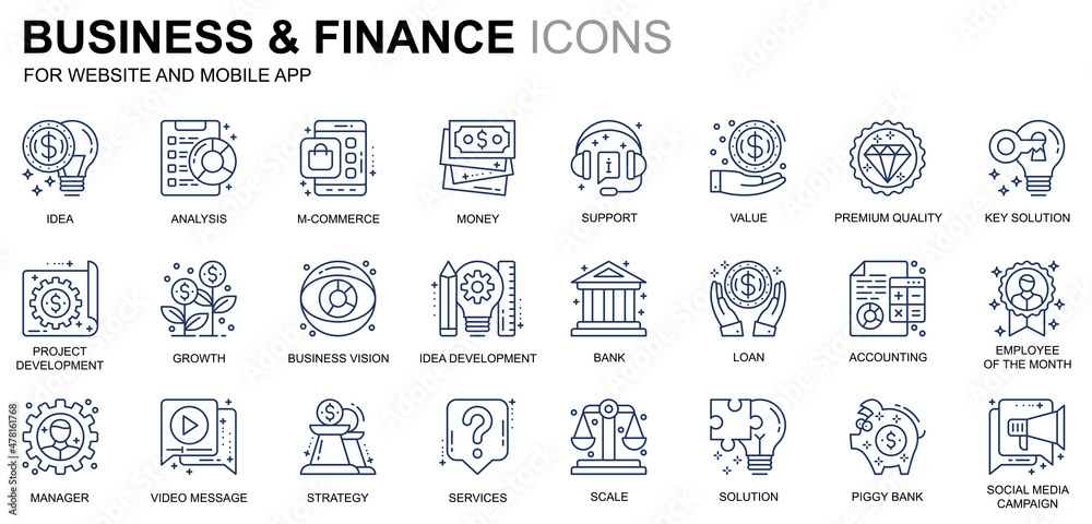 Fototapete simple set business and finance line icons for website and mobile apps. contains such icons as analy