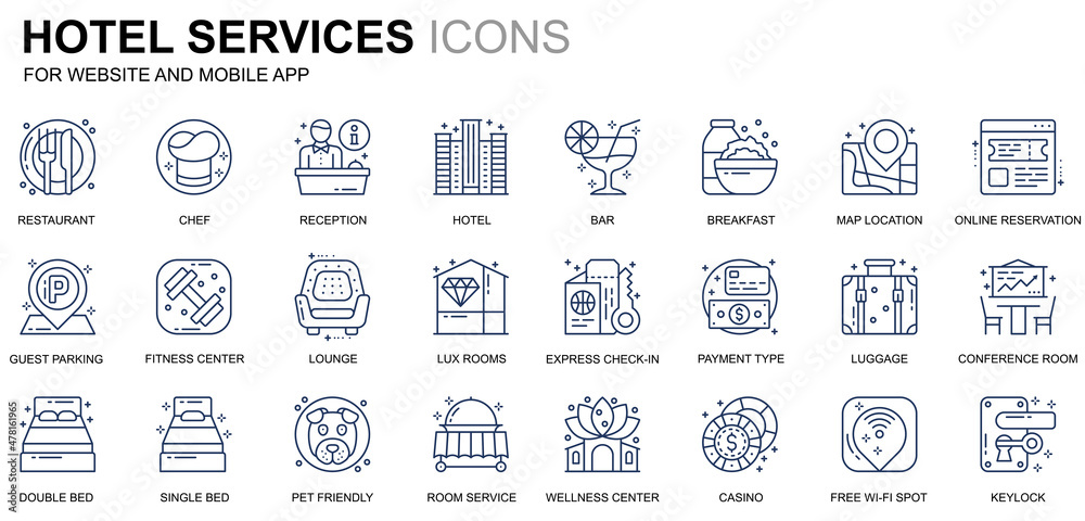 Aufkleber simple set hotel service line icons for website and mobile apps. contains such icons as restaurant, 
