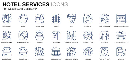 Simple Set Hotel Service Line Icons for Website and Mobile Apps. Contains such Icons as Restaurant, Room Services, Reception. Conceptual color line icon. Vector pictogram pack.