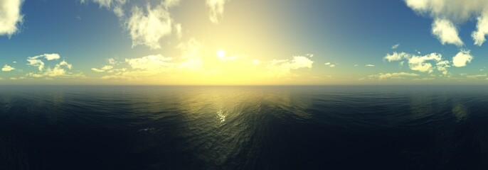 Ocean panorama sunset, seascape panoramic, 3D rendering - obrazy, fototapety, plakaty