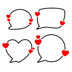 Set of black speech bubbles with red hearts.