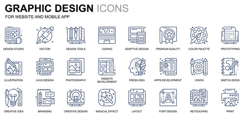 Simple Set Web and Graphic Design Line Icons for Website and Mobile Apps. Contains such Icons as Studio, Tools, App Development, Retouching. Conceptual color line icon. Vector pictogram pack.