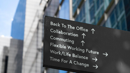 Working future choices on a black city-center sign in front of a modern office building	
 - obrazy, fototapety, plakaty