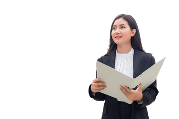 A Southeast Asian woman wearing a black suit is holding and opening a folder. Isolated on white background