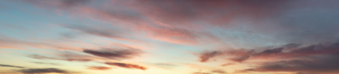 Fototapeta na wymiar Sunrise with orange and pink clouds. Panoramic, panorama, banner.