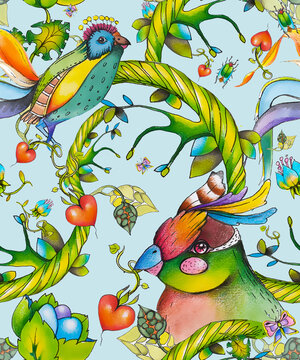 Raster watercolor pattern, background. Decorative illustration with exotic plants, birds, butterflies. The picture is included in the set "Exotic birds with various elements". 
