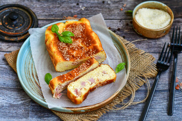 Home made ketogenic quiche pie  with  bacon , cream cheese and mushrooms