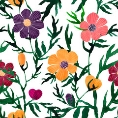 Seamless watercolor floral pattern - green leaves and branches composition on white background.