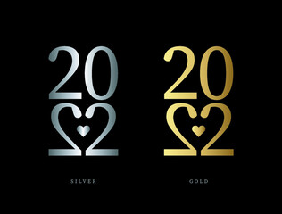 Happy New Year 2022 text design. for Brochure design template, card, banner. 2022 golden and silver Vector illustration. Creative heart concept design for new year 2022.