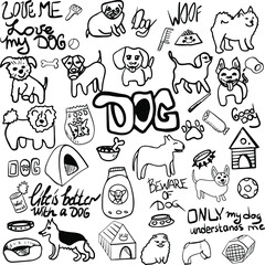 Dog doodle element set with lettering
