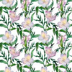 Seamless watercolor floral pattern - green leaves and purple alstroemeria composition on white background