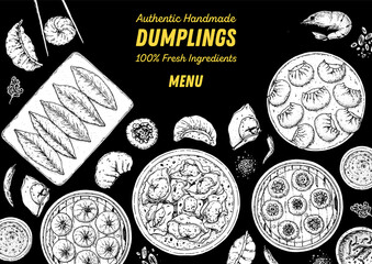 Dumplings top view frame. Food menu design template. Hand drawn vector illustration. Chinese dumplings. Vintage illustration. Hand drawn food sketch. Design template.