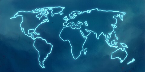 Mapa del mundo con líneas resplandecientes sobre fondo azul con textura © Laura Bustos