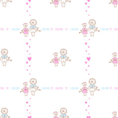 Seamless pattern with cute lions in love