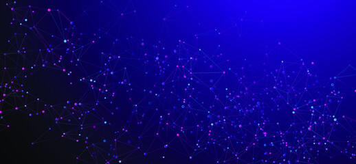Block chain global network technology concept. Network nodes plexus dark blue background. Genetic engineering abstract. Linked dot nodes and lines low poly. Global data exchange blockchain vector.