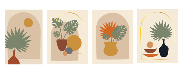 Collection of modern simple abstractions with geometric shapes (circles) with monstera and palm leaves in vases and pots on a colored beige background