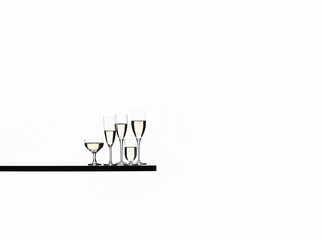 Different filled Champagne glasses on shelf in studio on white background. 