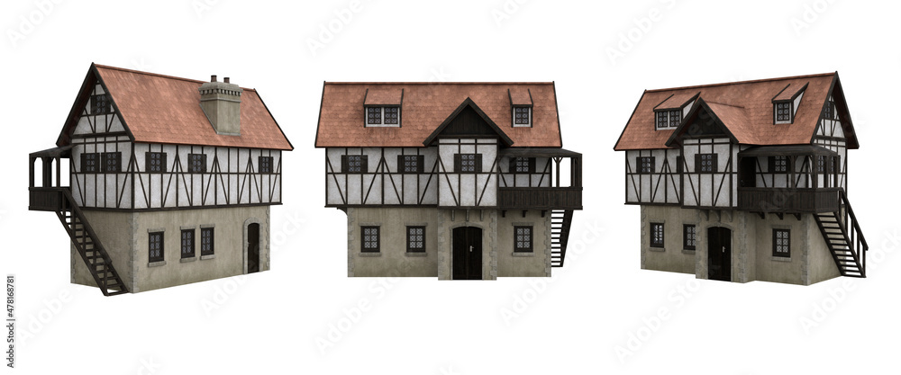Poster Medieval half timber house with stairs on the side. 3D rendering with 3 different angles isolated on white.