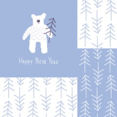 Christmas greetind card with a polar bear and Christmas tree in a winter spruce forest. Hand drawn simple illustration and pattern. Happy New Year card. For print, textil and wrapping paper.