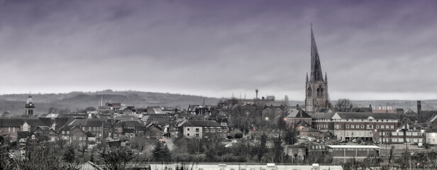 Panorama of Chesterfield, Derbyshire: skyline is dominated by the crooked spire of the church of St Mary and All Saints.