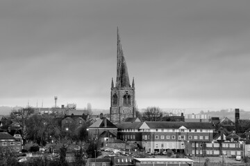 Fototapeta na wymiar View of Chesterfield, Derbyshire: skyline is dominated by the crooked spire of the church of St Mary and All Saints.