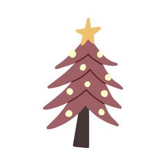Fototapeta na wymiar Burgundy Christmas tree with toys and a star