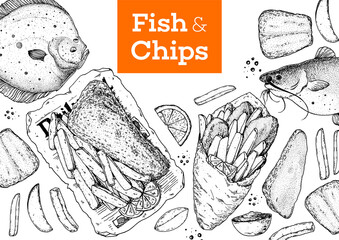 Fish and chips sketch vector illustration. British pub food. Hand drawn sketch. Cooking fish and chips. Engraved hand drawn vintage image. Menu design template.