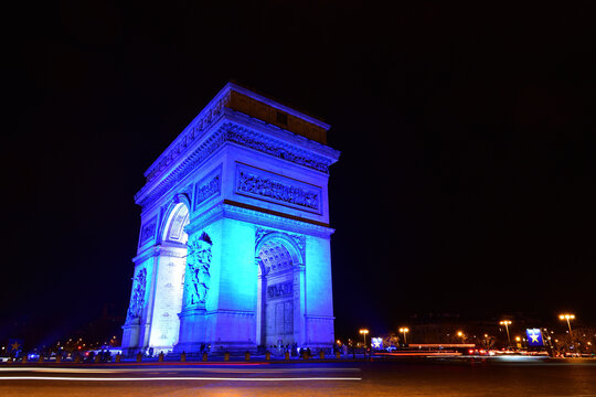 France. Paris lights up in blue for France's EU presidency. January 1, 2022.