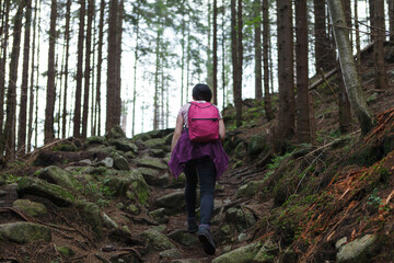 Naklejka na ściany i meble Forest hiking trail woman walking Wandering active people lifestyle in backpack.