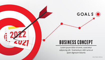  dart arrow hitting in the target center of dartboard with the new goals of 2022. vector illustration