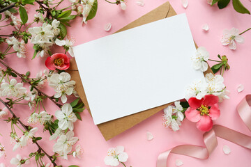 spring time. spring greeting card. flowering branches with white flowers and space for text  - obrazy, fototapety, plakaty