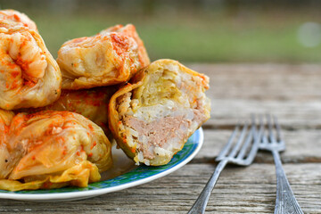 Cabbage rolls with meat, rice and vegetables. Stuffed cabbage leaves with  ground beef. Known as sarma, golubtsy, dolma.