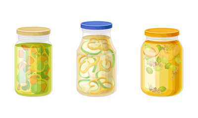 Closed Glass Jar with Preserved Food in Marinade Vector Set