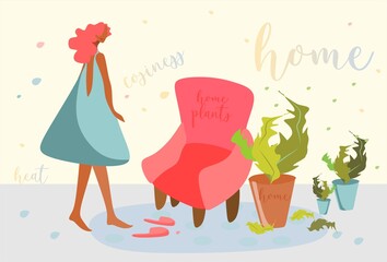 The girl is standing in the house, next to an armchair and houseplants.