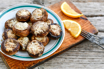  Delicious   Homemade Baked champignon caps stuffed with   bacon and  white cheese 