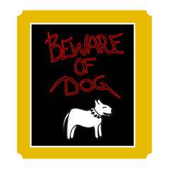 beware of dog sign with white dog on black