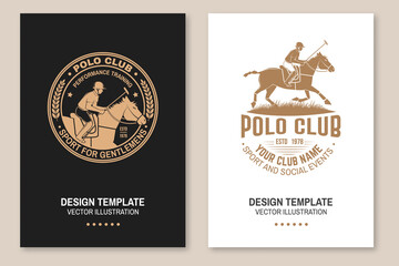 Set of Polo club sport badges, patches, emblems, logos. Vector illustration. Vintage monochrome equestrian label with rider and horse silhouettes. Concept for shirt or logo, print, stamp or tee.