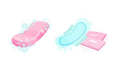 Soap Bar with Foam and Sanitary Towel Vector Set.