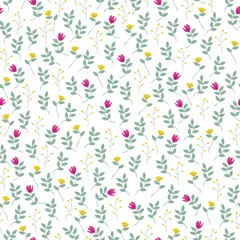 Photo sur Plexiglas Petites fleurs Beau motif floral vintage. Petites fleurs roses et jaunes, feuilles vertes. Fond blanc. Arrière-plan transparent floral. Un modèle élégant pour les imprimés à la mode.