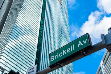 Cityscape sign view in the downtown Brickell district in Miami