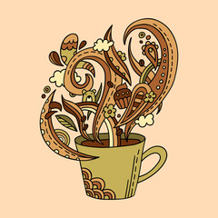 Colorful line art cup of coffee. Vector adult coloring page a cup and ornate steam in doodle style. Cute print with a decorative cup.
