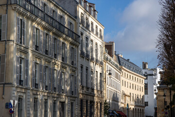 Fototapeta na wymiar rue à paris : façade de bâtiments hausmaniens à paris