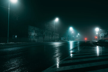 Night street at night in fog, winter