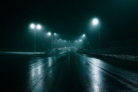 Night street at night in fog, winter