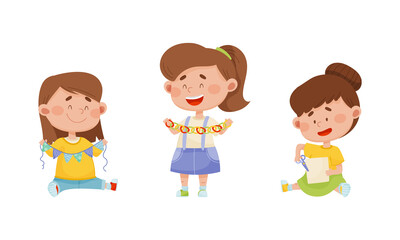 Smiling Girl with Scissors Cutting Paper for Applique and Craft Activity Vector Set