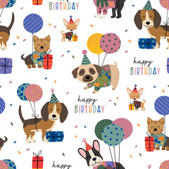  birthday seamless pattern with cute funny dogs and gifts - 478173529