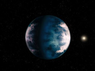 Mysterious exoplanet in outer space with stars. Distant planet with its own star. 