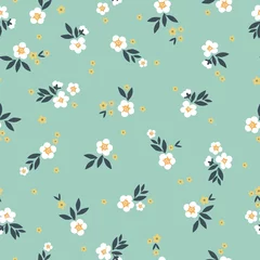 Vitrage gordijnen Kleine bloemen Mooi vintage bloemenpatroon. Witte en gele bloemen, donkerblauw blad. Blauwe achtergrond. Bloemen naadloze achtergrond. Een elegante sjabloon voor modieuze prints.