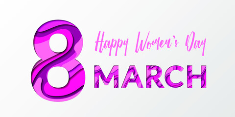 Happy Women's Day March 8 greeting card illustration. 3D papercut letters. March 8th international women's day banner greeting card template.