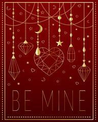 Be mine. Greeting card for Valentine's Day, wedding, declaration of love. Gold jewelry on red background.